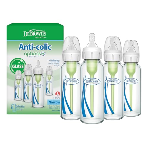Dr. Brown's Anti-Colic Options+ Narrow Glass Baby Bottle with Level 1 Slow Flow Nipple, BPA-Free, 8 oz/250 mL, 0m+, 4-Pack (Packaging May Vary)