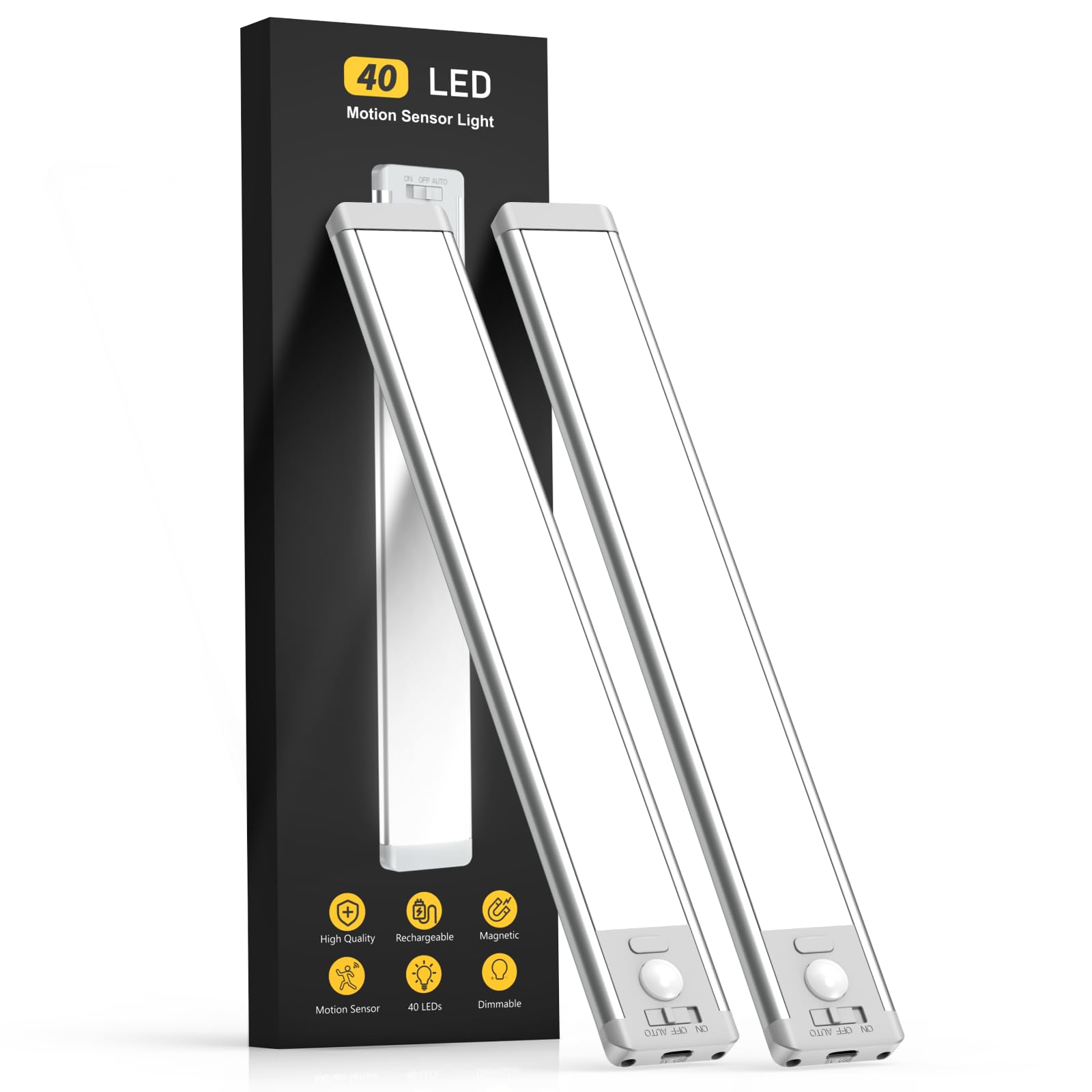 MCGOR 10inch Under Cabinet Lighting, 2 Pack Rechargeable Motion Sensor Light Indoor, 5 Levels Dimmable Magnetic Closet Lights