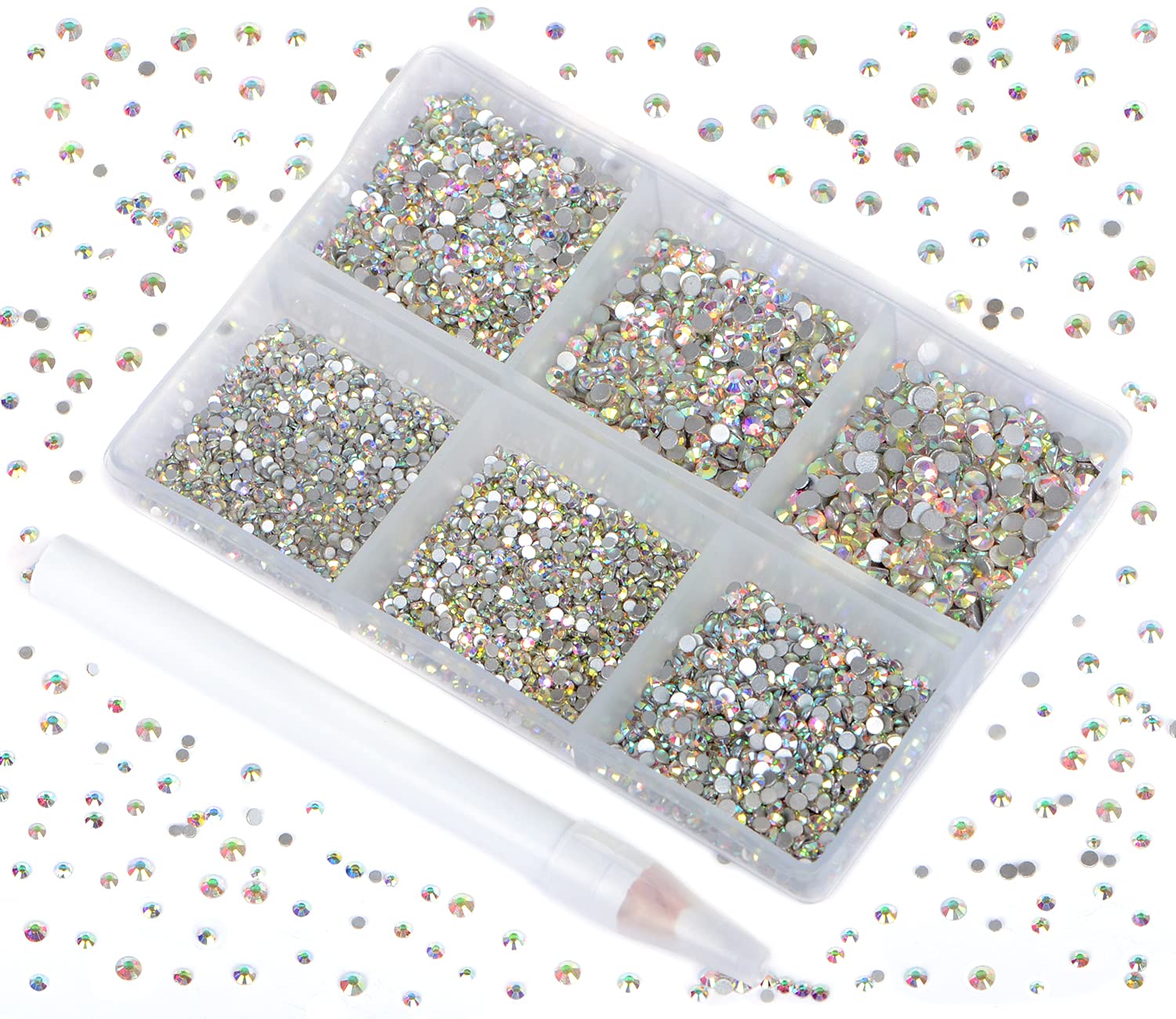 Bymitel 7200 Pieces 6 Mixed Sizes Glue Fix on Glass Rhinestones Round Crystal Gems Flatback for DIY Jewelry Making with one P