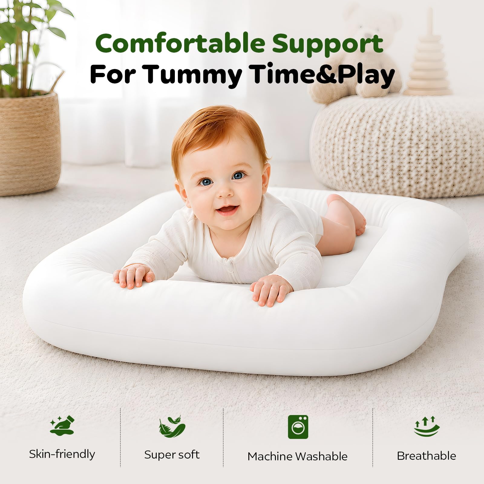 Baby Lounger for Newborns 0-24 Months, Soft Breathable Cotton Infant Support Cushion for Tummy Time & Play, Portable Infant Lounger, Baby Essentials for Newborn- Cloud White (Cover Included)
