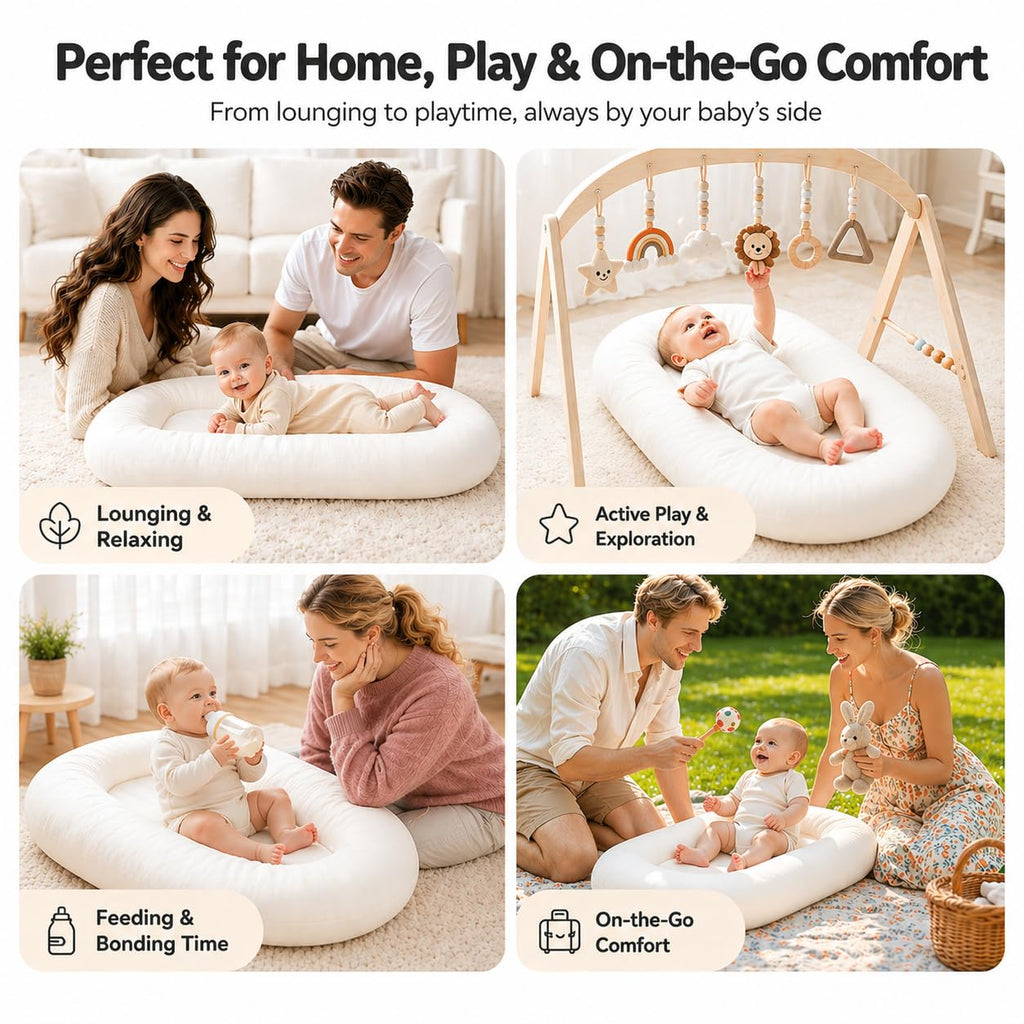 Baby Lounger for Newborns 0-24 Months, Soft Breathable Cotton Infant Support Cushion for Tummy Time & Play, Portable Infant Lounger, Baby Essentials for Newborn- Cloud White (Cover Included)