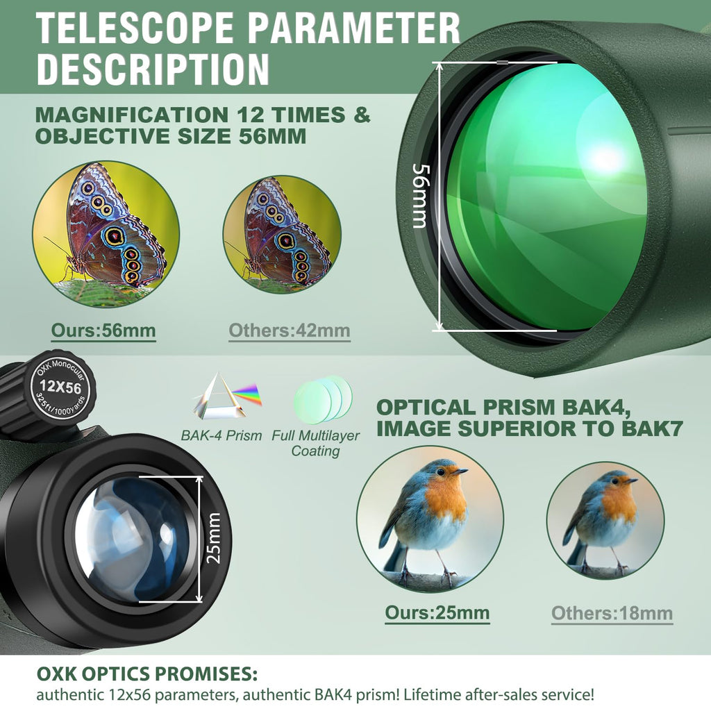 12x56 High Power Monocular Telescope for Adults | Comes with Smartphone Adapter Tripod Travel Bag | Bird Watching Hunting Hiking Camping Gift - Green