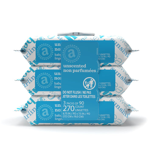 Amazon Elements Baby Wipes, Unscented, Hypoallergenic, Alcohol-Free, With Aloe and Vitamin E, 270 Count, Flip-Top Packs