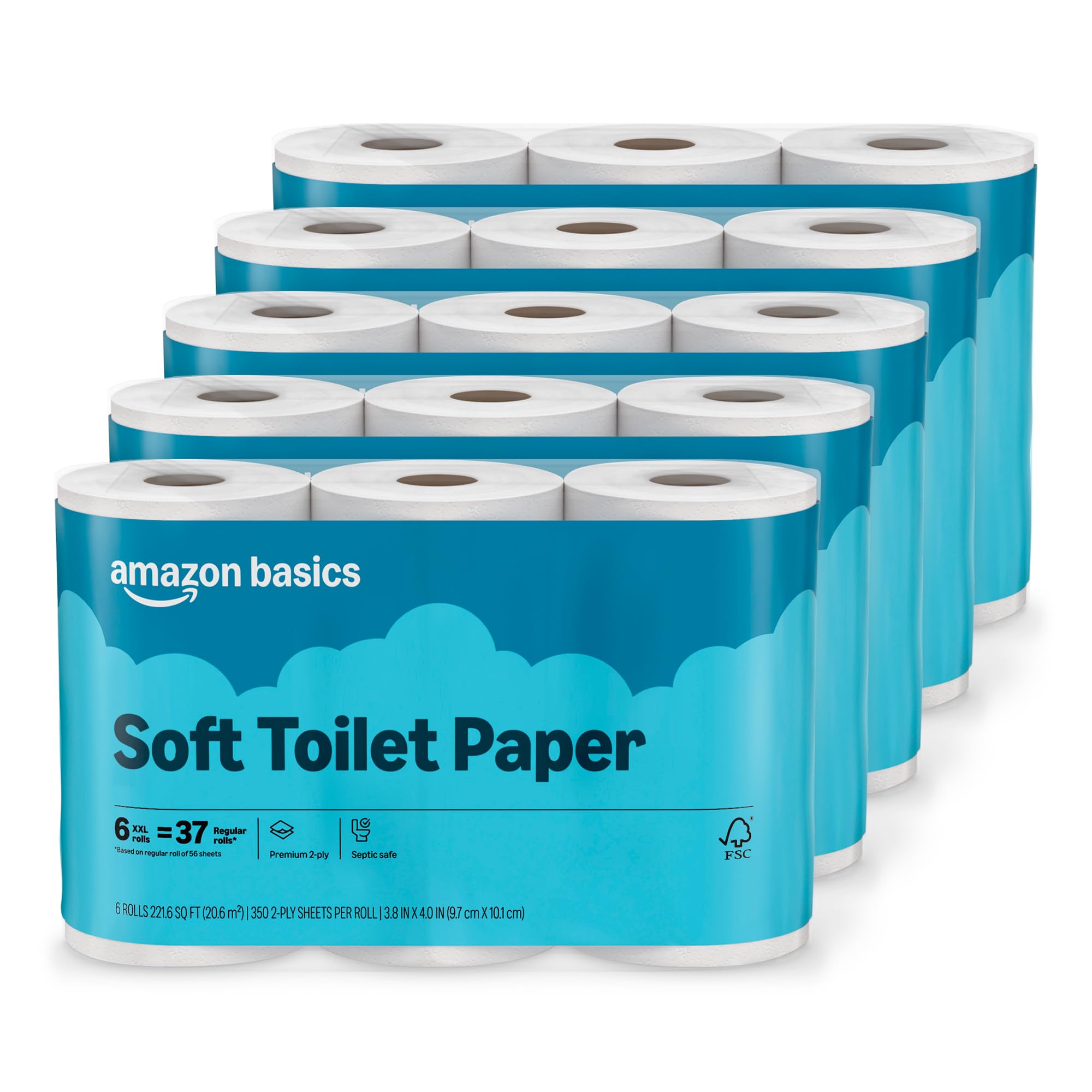 Amazon Basics 2-Ply Soft Toilet Paper, 30 Rolls (5 Packs of 6), 350 Sheets per Roll, Septic Safe, Equivalent to 185 Regular R