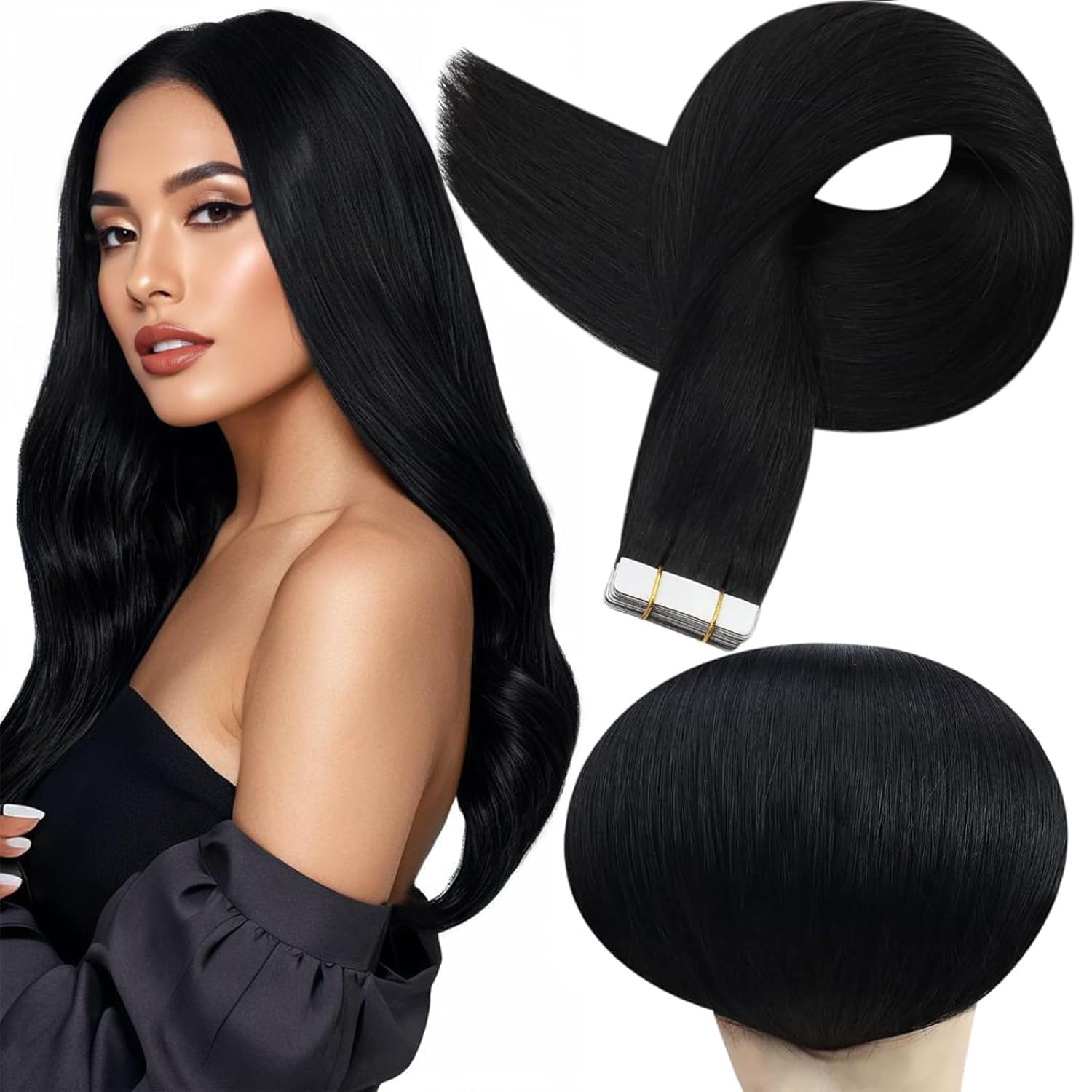 Full Shine Tape in Hair Extensions Human Hair 18Inch Remy Tape ins Human Hair Extensions Color 1 Jet Black Fashion Extension,