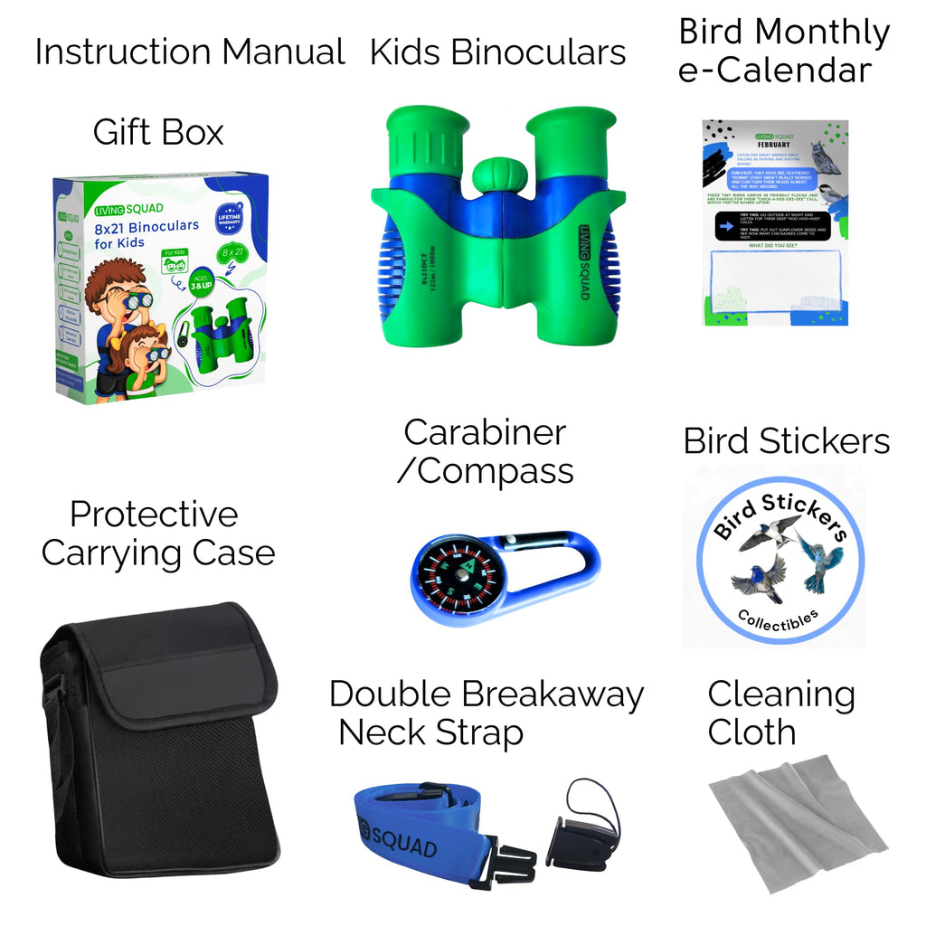 Kids Binoculars 8x21 Shockproof Green - Ages 3-12 with Case Neck Strap Compass Carabiner | High Resolution Optics for Bird Watching Camping Hiking | Birthday Gift Boys Girls
