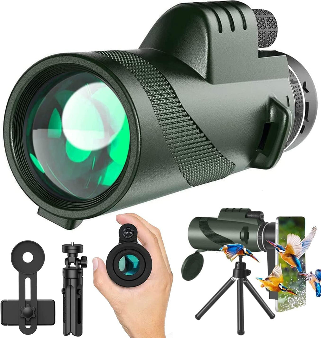 Monocular-Telescope 80x100 HGH Powered Monoculars High Definition forAduts High Powered with HD BAK4 Prism Smartphone AdapterTelescope Hunting Wildlife Bird Watching Travel Camping Hiking-Green