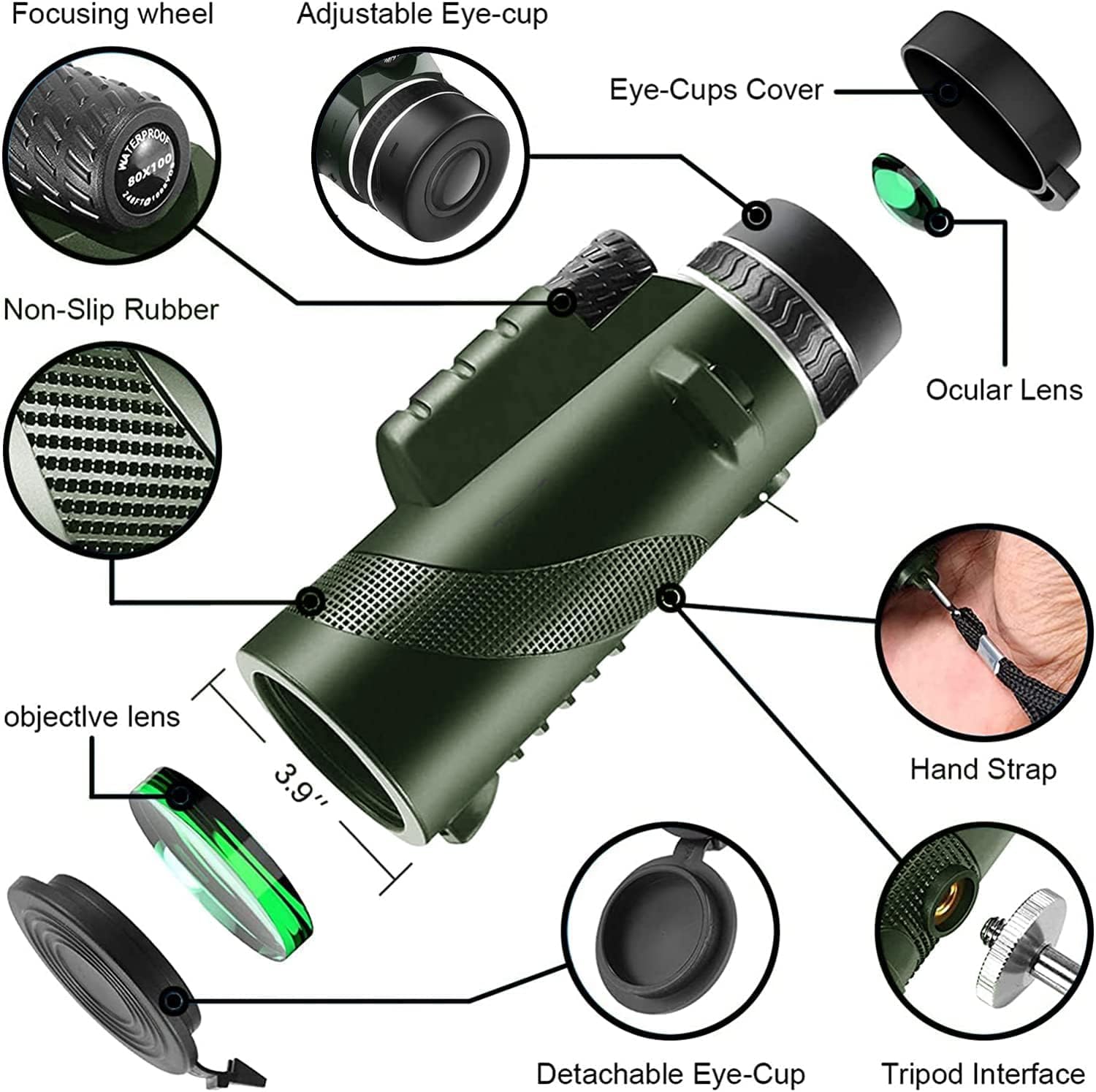 Monocular-Telescope 80x100 HGH Powered Monoculars High Definition forAduts High Powered with HD BAK4 Prism Smartphone AdapterTelescope Hunting Wildlife Bird Watching Travel Camping Hiking-Green