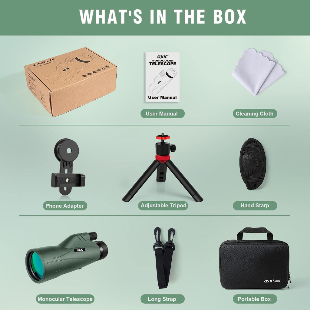 12x56 High Power Monocular Telescope for Adults | Comes with Smartphone Adapter Tripod Travel Bag | Bird Watching Hunting Hiking Camping Gift - Green