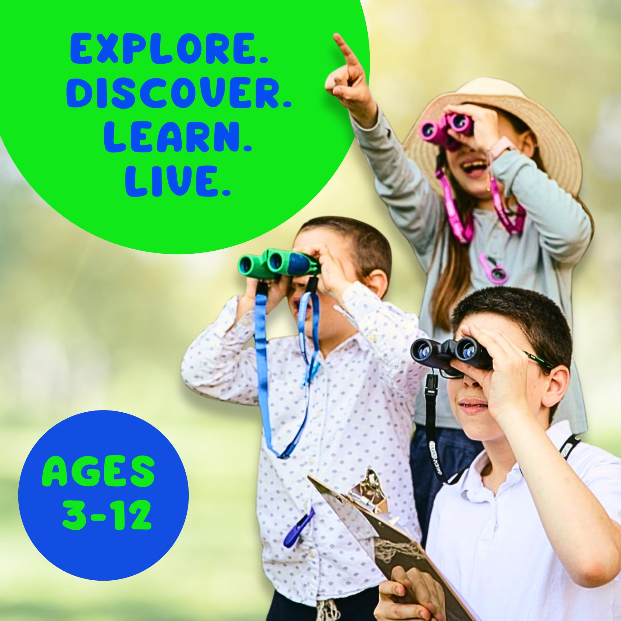 Kids Binoculars 8x21 Shockproof Green - Ages 3-12 with Case Neck Strap Compass Carabiner | High Resolution Optics for Bird Watching Camping Hiking | Birthday Gift Boys Girls