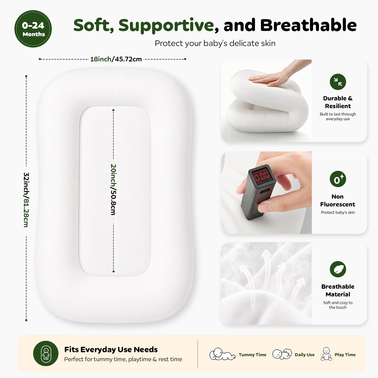 Baby Lounger for Newborns 0-24 Months, Soft Breathable Cotton Infant Support Cushion for Tummy Time & Play, Portable Infant Lounger, Baby Essentials for Newborn- Cloud White (Cover Included)