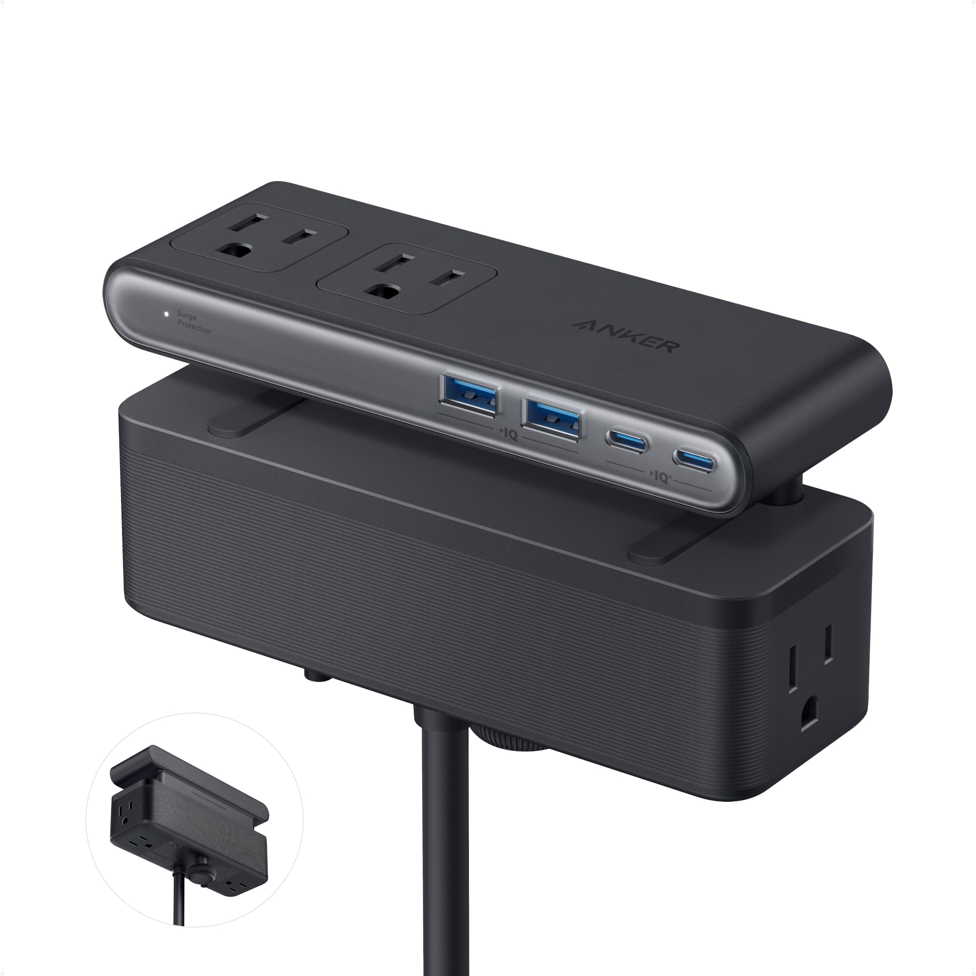 Anker Nano Power Strip, Desk Clamp with 1500J Surge Protector, 5ft Extension Cord, 70W Max Gaming Desk Accessories, 6 AC, 2 U