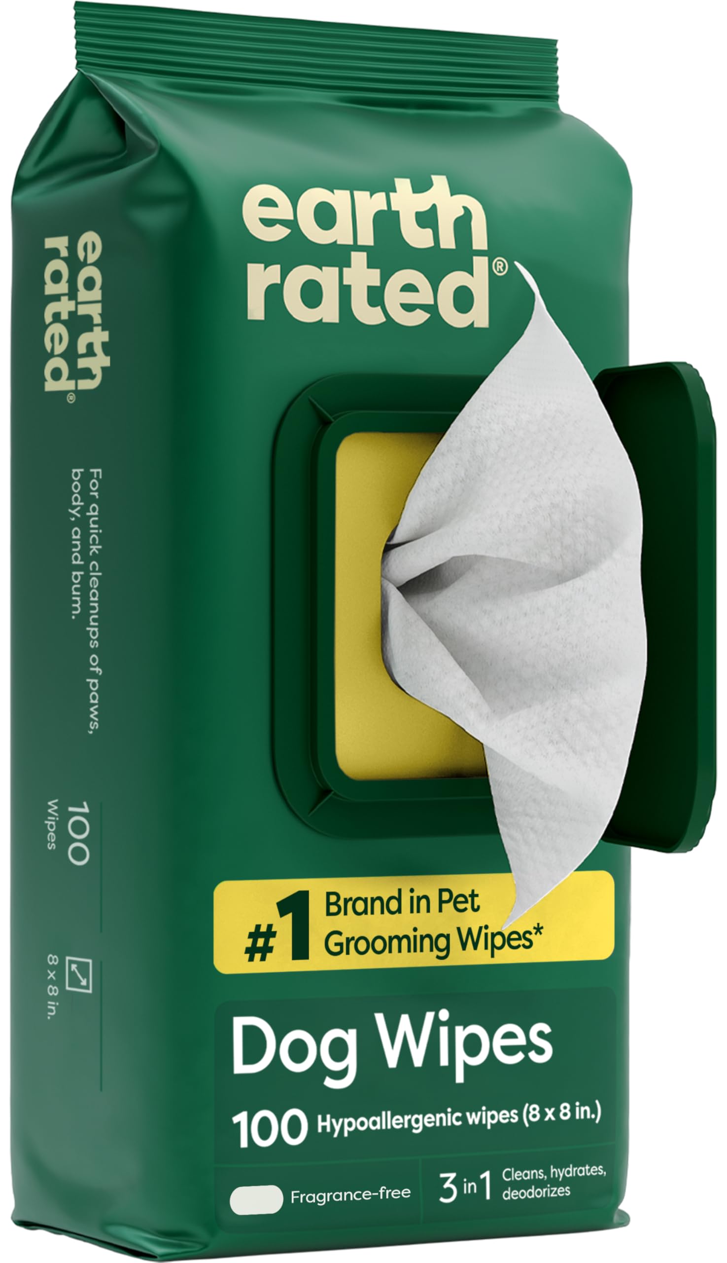 Earth Rated Pet Wipes for Dogs and Cats, Hypoallergenic, 3-in-1 Cleaning, Deodorizing and Hydrating, for Grooming Paws, Body