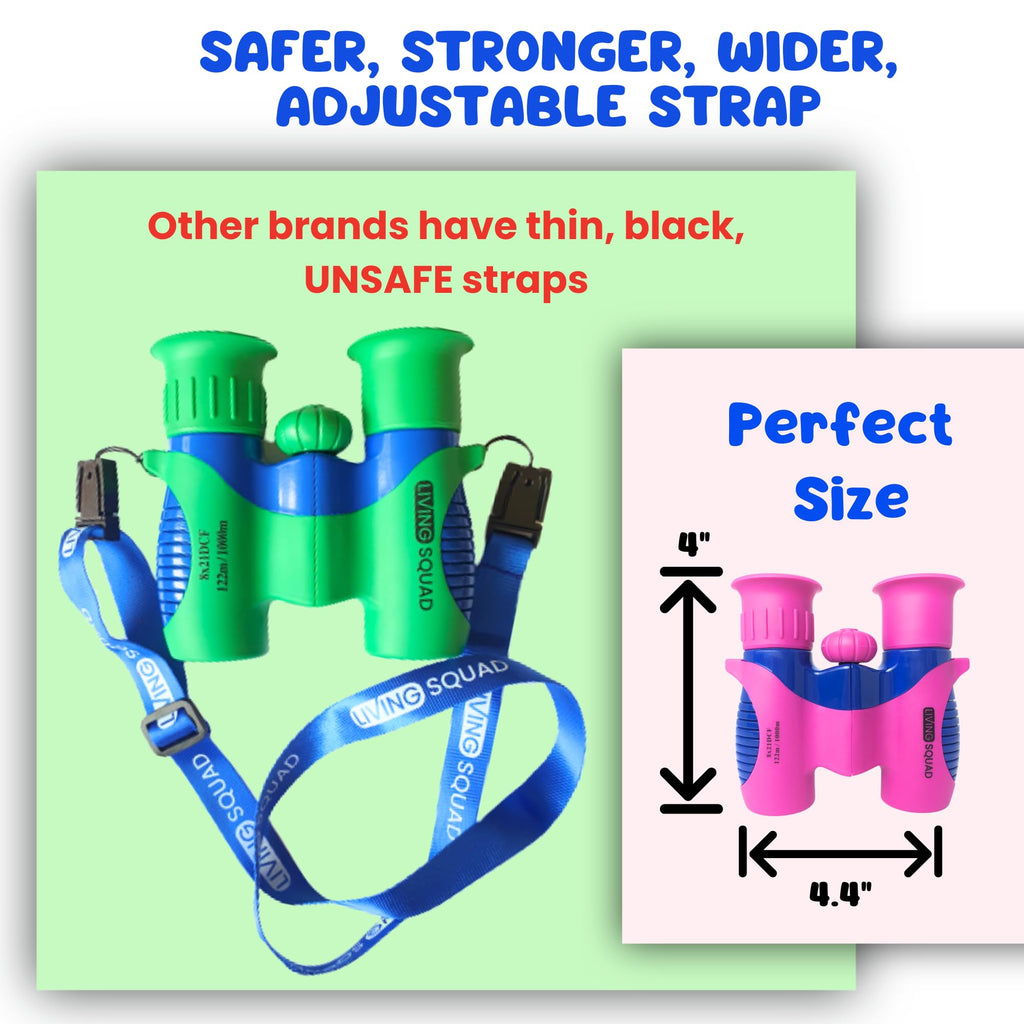 Kids Binoculars 8x21 Shockproof Green - Ages 3-12 with Case Neck Strap Compass Carabiner | High Resolution Optics for Bird Watching Camping Hiking | Birthday Gift Boys Girls