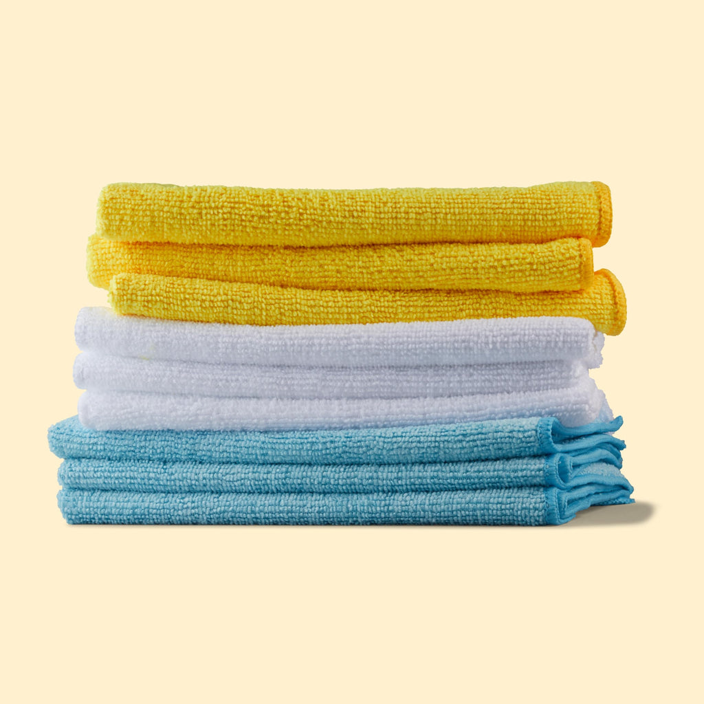 Amazon Basics Microfiber Cleaning Cloths, Ultra Absorbent, Lint Free, Streak Free, Non-Abrasive, Reusable and Washable, 16" x 12", Blue/White/Yellow, Pack of 24