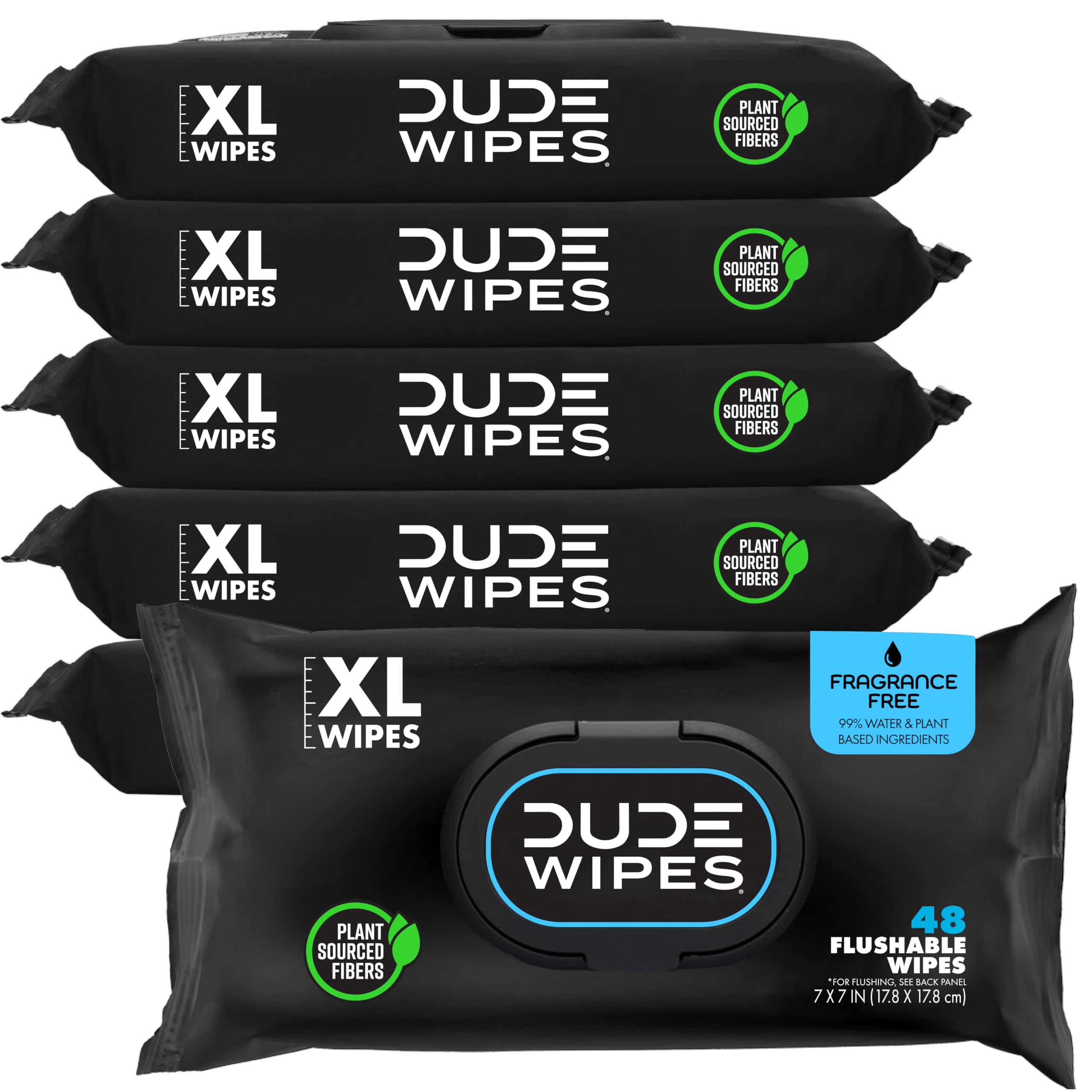 DUDE Wipes Unscented Flushable Wipes - Extra-Large Adult Wet Wipes for Sensitive Skin - 6 Pack (288 Count) - Infused with Vit