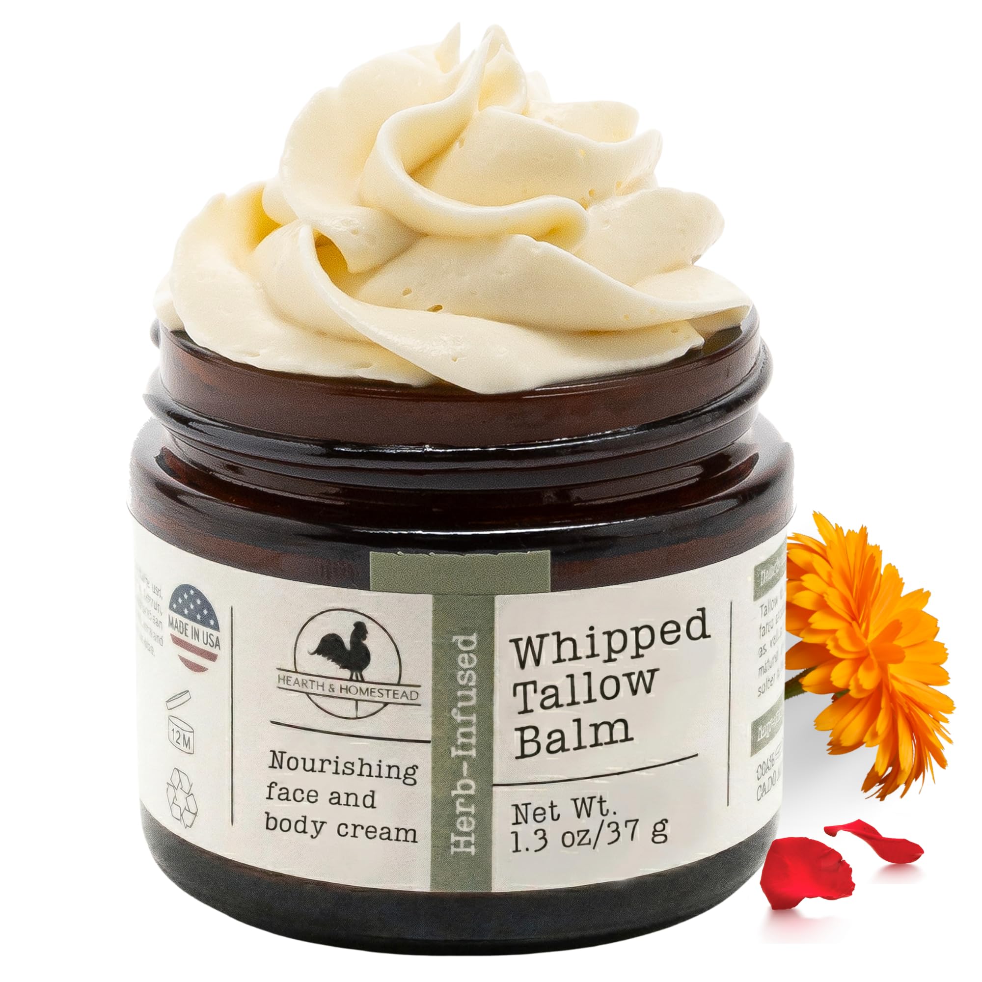 Hearth & Homestead Whipped Beef Tallow for Skin & Face - 100% Grass Fed, Eczema Cream & Body Butter - Organic Olive Oil, Cale
