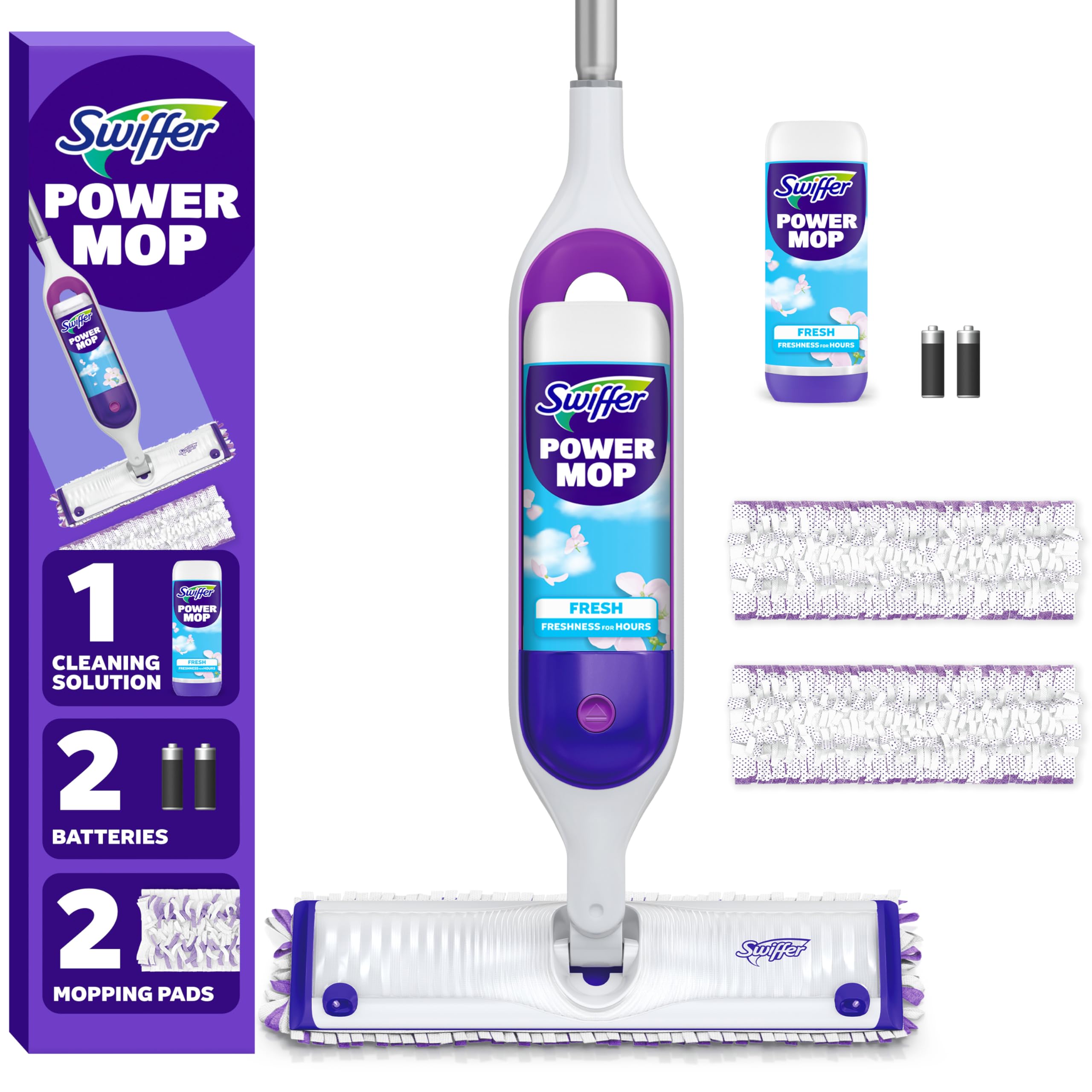 Swiffer PowerMop Mopping Kit for Floor Cleaning, Set Includes 1 Power Mop, 2 Replacement Pads, 1 Liquid Solution Refill, 2 Ba