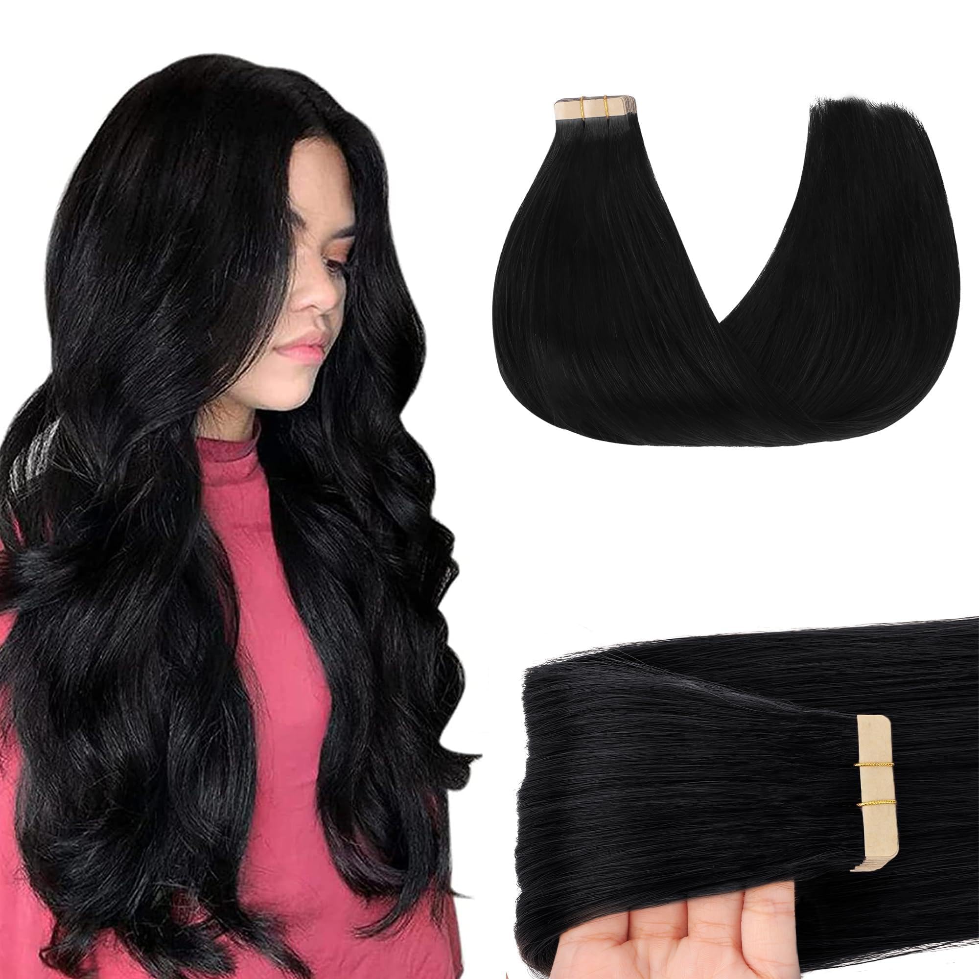 GOO GOO Tape in Hair Extensions Human Hair, 1 Jet black, 20inch 50g 20pcs, Skin Weft Seamless Invisible, Silky Straight with