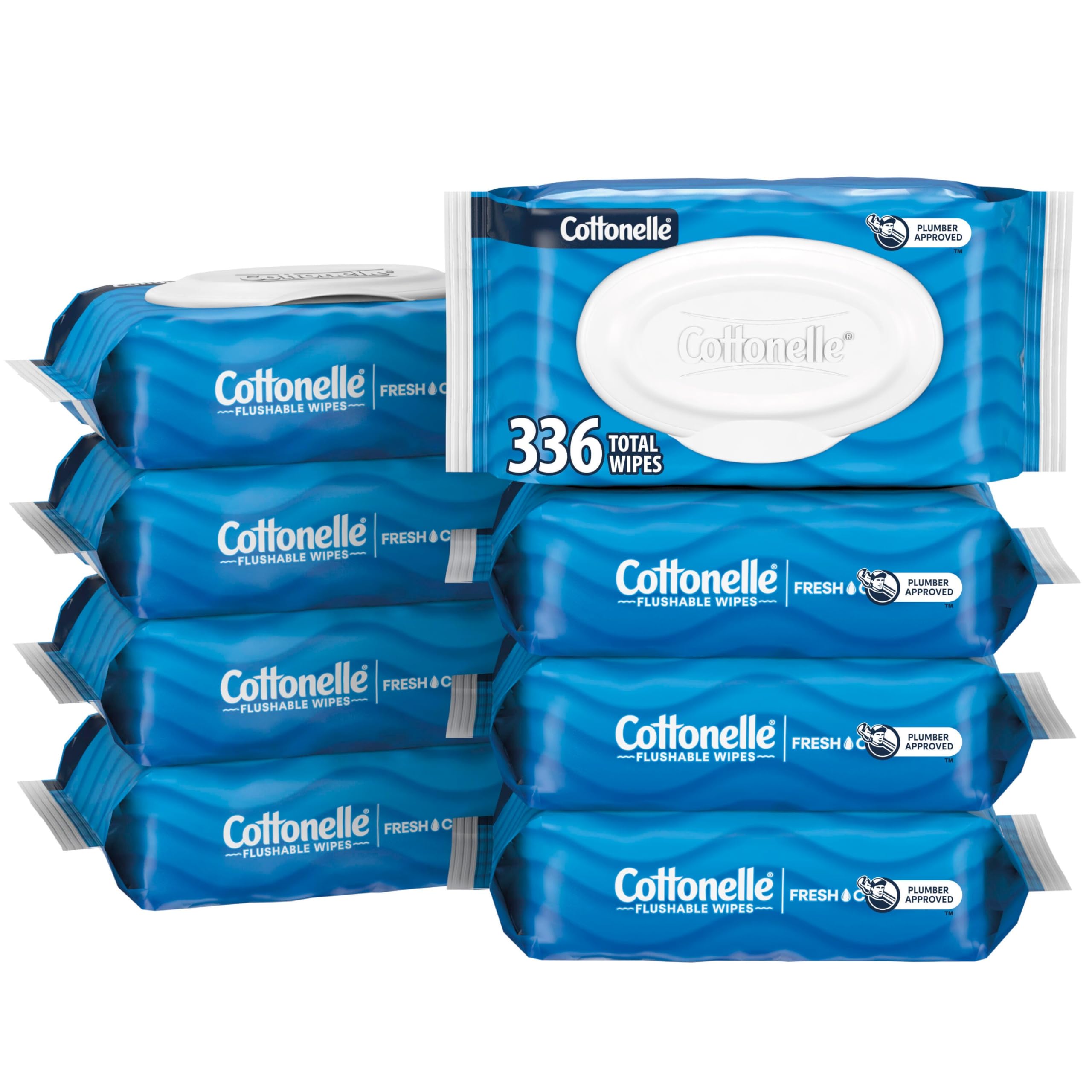 Cottonelle Fresh Feel Flushable Wet Wipes, Adult Wet Wipes, 8 Flip-Top Packs, 42 Wipes Per Pack (336 Total Wipes), Packaging