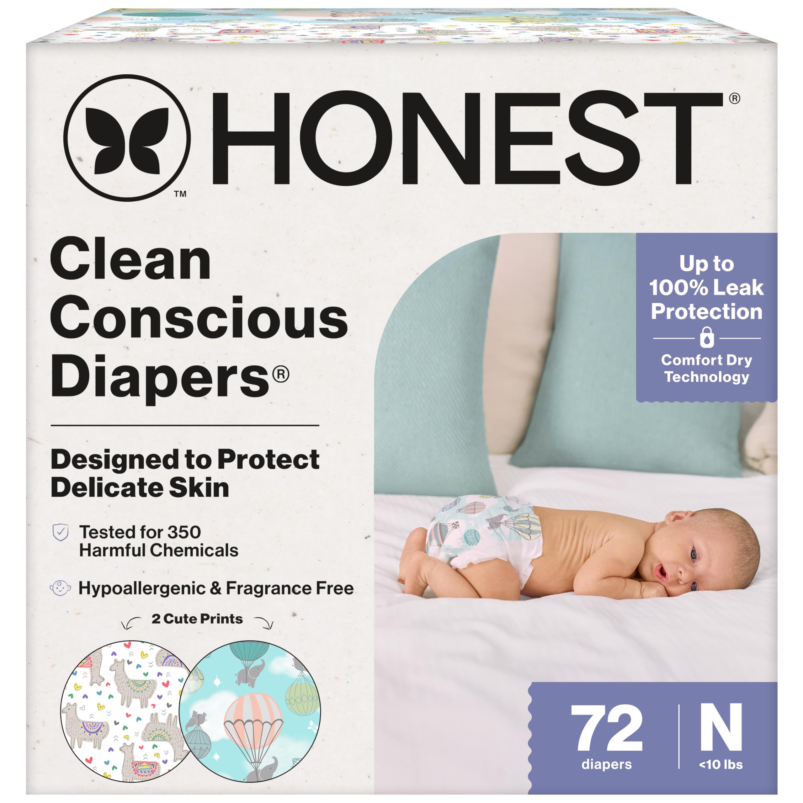 The Honest Company Comfort Dry Disposable Daytime Diapers for Sensitive Skin, Hypoallergenic, Above It All + All the Alpacas,
