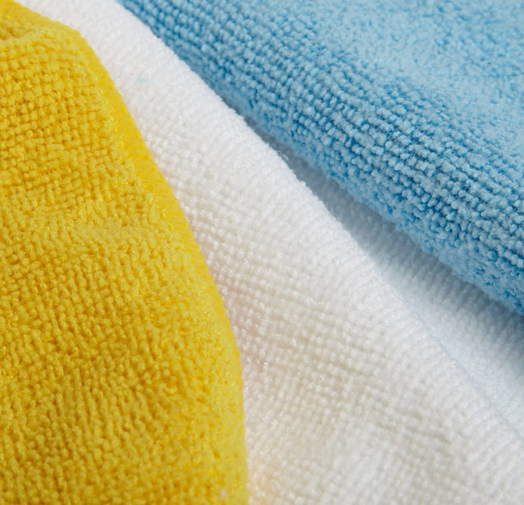 Amazon Basics Microfiber Cleaning Cloths, Ultra Absorbent, Lint Free, Streak Free, Non-Abrasive, Reusable and Washable, 16" x 12", Blue/White/Yellow, Pack of 24